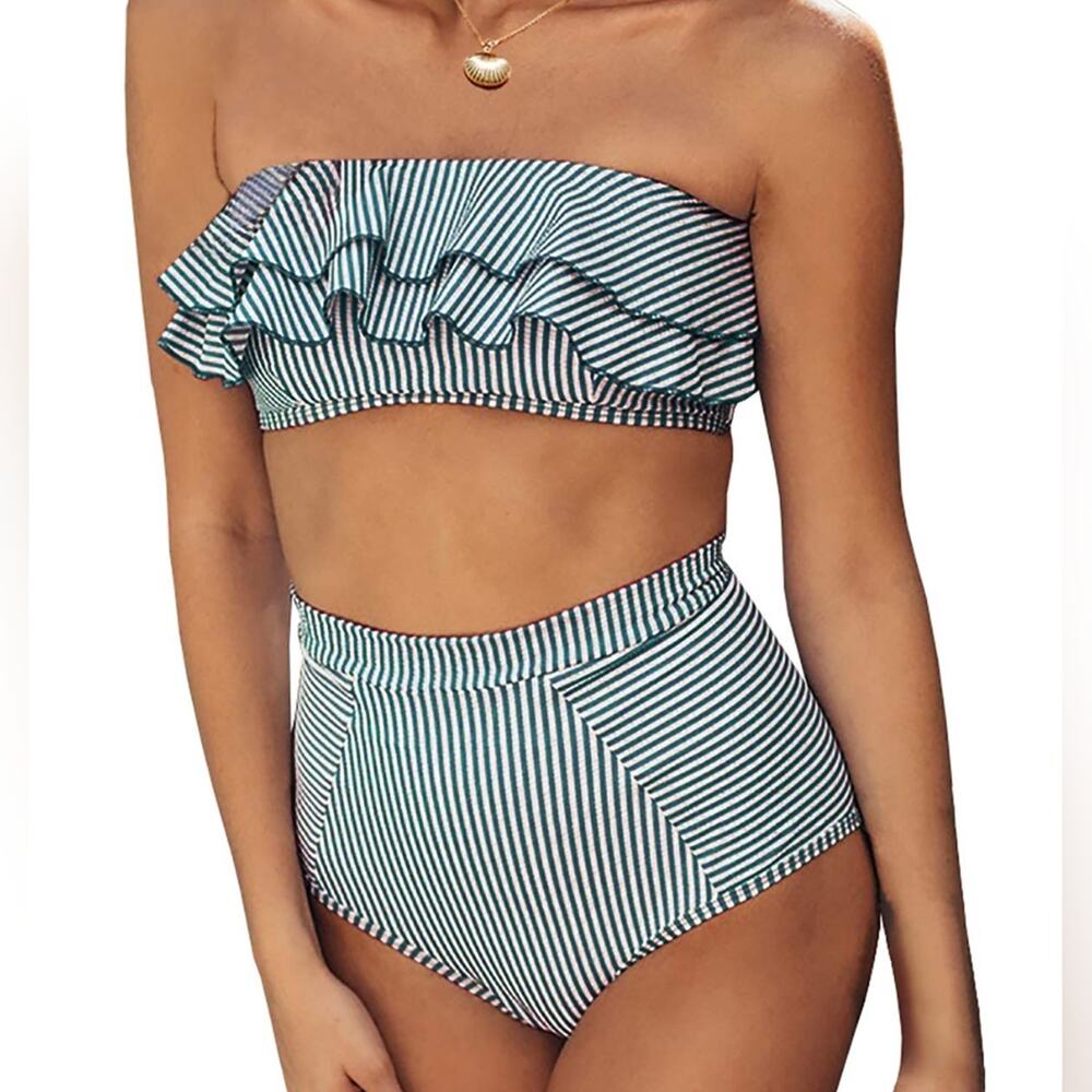 New‎ Green & White Striped Bikini 2 Piece Bandeau High Waisted 520 Strapless XL